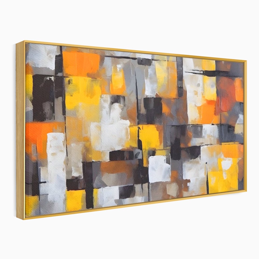 Tablou canvas cu tablou canvas cu patrate abstracte, in rama de aluminiu auriu